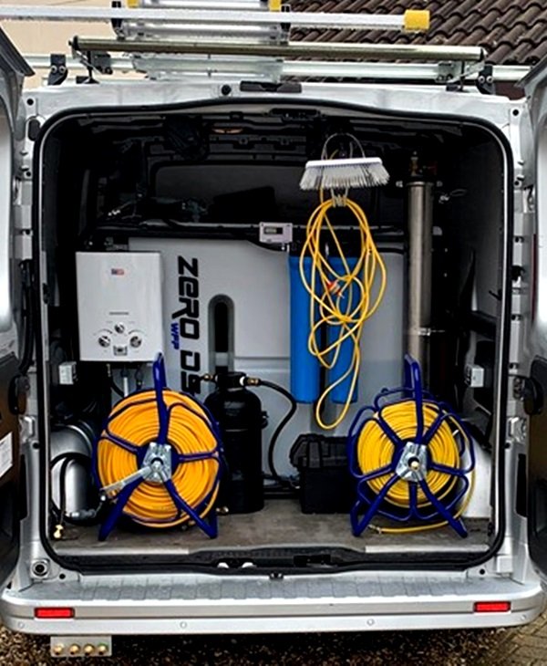 pure water tank, heater and water-fed pole equipment in van