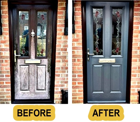 The faded door before and after spraying